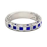 3Ct Princess Cut Blue Sapphire Milgrain Vintage Wedding Band 14K White Gold Over
