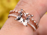 1.5ct Princess Cut Champagne Morganite Bridal Set Ring Band 14k Rose Gold Finish