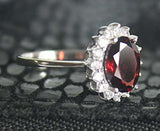2ct Oval Cut Red Garnet Diamond Floral Halo Solitaire Ring 14k White Gold Finish