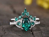 2ct Oval Cut Green Emerald Curved Bridal Set Engagement Ring 14k White Gold Over