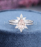 1.5ct Pear Cut Simulated Peach Morganite Crown Bridal Set 14k White Gold Plated