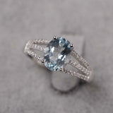 2.4ct Engagement Ring Oval Cut Blue Aquamarine Split Shank 14k White Gold Finish