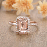1.5ct Emerald Cut Simulated Morganite Halo Engagement Ring 14k Rose Gold Plated