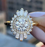 2.2ct Round Cut Moissanite Sunburst Halo Engagement Ring 14K Yellow Gold Plated