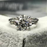 2.5Ct Round Cut Diamond Baguette Accents Engagement Ring 14K White Gold Finish