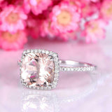 2ct Cushion Morganite Engagement Ring Diamond Accents Halo 14k White Gold Finish
