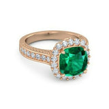 4Ct Cushion Cut Green Emerald Diamond Halo Engagement Ring 14K Rose Gold Finish