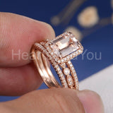 2.5ct Emerald Simulated Morganite Halo Anniversary Trio Set 14k Rose Gold Plated