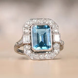 2.2ct Emerald Cut Simulated Aquamarine Art Deco Halo Ring 14k White Gold Plated