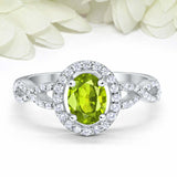 2ct Oval Cut Green Peridot Engagement Ring Twist Shank Halo 14k WhiteGold Finish