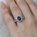 2ct Oval Cut Blue Sapphire Bezel Bridal Set Engagement Ring 14k WhiteGold Finish