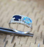 2.5ct Engagement Ring Oval Blue Sapphire Rectangular Halo 14k White Gold Over