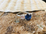 2.3ct Engagement Ring Round Cut Blue Sapphire Three Stone 14k White Gold Finish