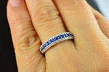 3Ct Round Cut Blue Sapphire Three Row Diamond Wedding Band 14K White Gold Finish