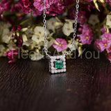 1ct Princess Cut Simulated Green Emerald Halo Pendant Chain 14k WhiteGold Plated