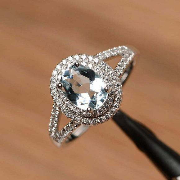 1.9ct Oval Cut Blue Aquamarine Double Halo Engagement Ring 14k White Gold Finish