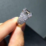3Ct Emerald Cut Diamond Wide Cluster Shank Engagement Ring 14K White Gold Finish