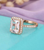 2ct Emerald Cut Peach Morganite Diamond Halo Engagement Ring 14k RoseGold Finish
