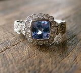 2Ct Cushion Cut Blue Topaz Vintage Halo Engagement Ring 14K White Gold Finish