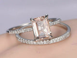 2.5ct Emerald Cut Peach Morganite Bridal Set Engagement Ring 14k White Gold Over