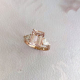 2ct Emerald Cut Simulated Peach Morganite Three Stone Ring 14k Rose Gold Plated