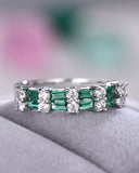3Ct Baguette Cut Green Emerald Diamond Two Row Wedding Band 14K White Gold Over