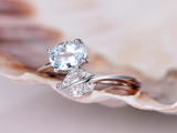 0.9ct Oval Cut Blue Aquamarine Bypass Leaf Design Ring 14k White Gold Finish