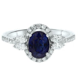 2.3ct Engagement Ring Oval Cut Blue Sapphire Halo 14k White Gold Finish