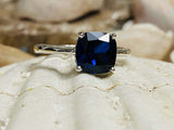 2.2ct Engagement Ring Cushion Cut Blue Sapphire Solitaire 14k White Gold Finish