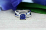 2ct Princess Blue Sapphire Diamond Split Band Engagement Ring 14k WhiteGold Over