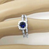 2ct Round Blue Sapphire Engagement Ring Art Deco Bridal Set 14k White Gold Over