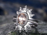 2.5ct Oval Cut Peach Morganite Halo Solitaire Ring and Guard 14K White Gold Over