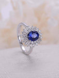 2ct Oval Cut Blue Sapphire Engagement Ring Diamond Ballerina 14k White Gold Over