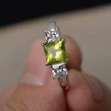 1.5ct Princess Cut Green Peridot Engagement Ring 14k White Gold Finish Trilogy
