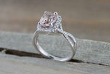 2ct Cushion Cut Morganite Engagement Ring 14k White Gold Over Twist Diamond Halo