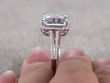 3ct Emerald Cut Blue Aquamarine Diamond Halo Split Shank Ring 14k WhiteGold Over