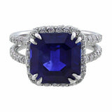 4Ct Asscher Cut Blue Sapphire Split Band Halo Engagement Ring 14K WhiteGold Over
