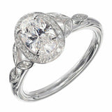 2.23ct Oval Cut Diamond Engagement Ring Halo Leaf Design 14k White Gold Finish