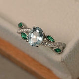 2ct Oval Cut Aquamarine Diamond Leaf Accents Engagement Ring 14k White Gold Over