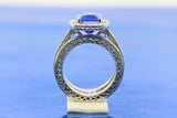 2.4ct Cushion Blue Sapphire Filigree Milgrain Bridal Set Ring 14k WhiteGold Over