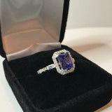 2.3ct Engagement Ring Radiant Cut Blue Tanzanite Diamond Halo 14k WhiteGold Over