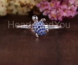 0.2ct Round Cut Simulated Blue Sapphire Sea Turtle Ring 14k White Gold Plated