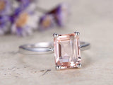 Emerald Cut Peach Morganite Solitaire Engagement Ring 14k White Gold Finish