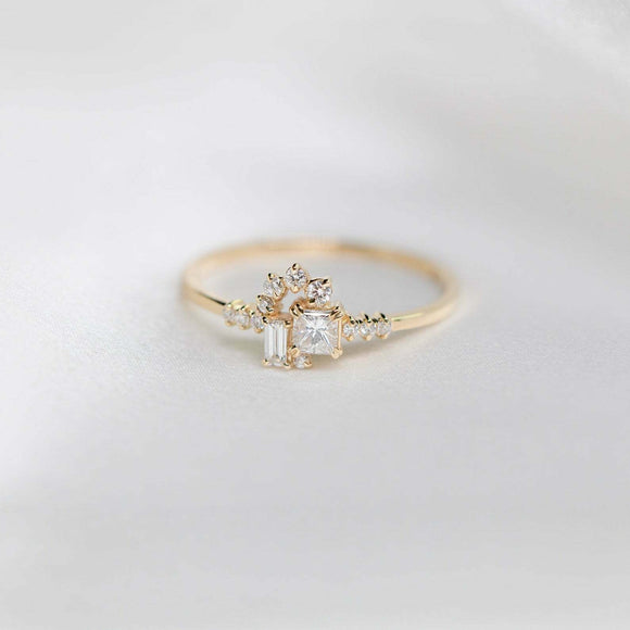 0.3ct Princess Diamond Engagement Ring Cluster Minimalist 14k Yellow Gold Finish