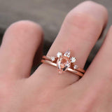 1.6ct Pear Cut Morganite Engagement Ring Crown Bridal Set 14k Rose Gold Finish