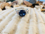 2.3ct Engagement Ring Round Cut Blue Sapphire Three Stone 14k White Gold Finish
