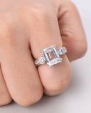 5Ct Emerald Cut Diamond Vintage Solitaire with Accent Ring 14K White Gold Finish