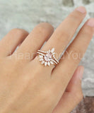 3ct Pear Cut Simulated Peach Morganite Curved Crown Trio Set 14k RoseGold Plated