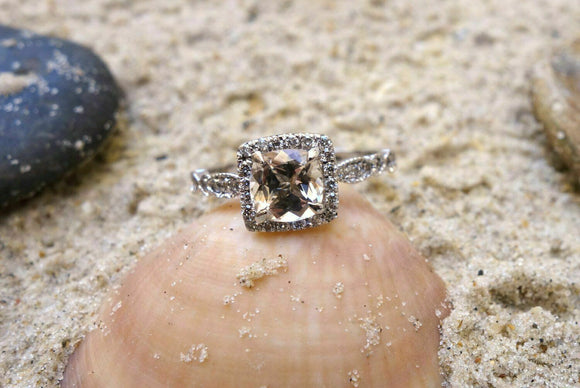 2.5ct Cushion Cut Peach Morganite Engagement Ring 14k White Gold Over Halo Women
