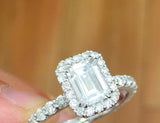 Halo Solitaire Engagement Ring 1.9ct Emerald Cut Diamond 14k White Gold Finish